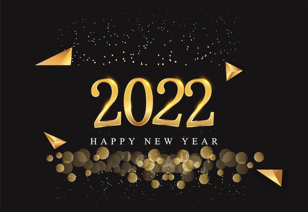 Feliz ano novo 2022 com glitter isolado no fundo preto, texto design dourado, elementos do vetor para calendário e cartão de felicitações.