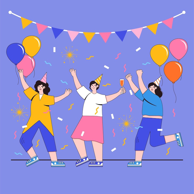 Vetor feliz ano novo 2022 conceito com grupo de mulher comemorando em design plano. festa com taças de champanhe, balões, chapéus de festa. ilustração vetorial para plano de fundo, cartão, banner de mídia social.