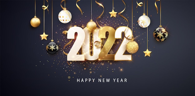 Feliz ano novo 2022. design festivo com decorações de natal, bolas, serpentina e guirlandas.