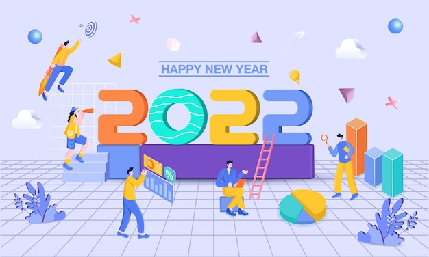 Feliz ano novo 2022. ilustração do conceito de objetivos de negócios de 2022. empresário segurando lupa, verificando gráficos e diagramas, voando em um foguete e buscando novas oportunidades para o ano novo