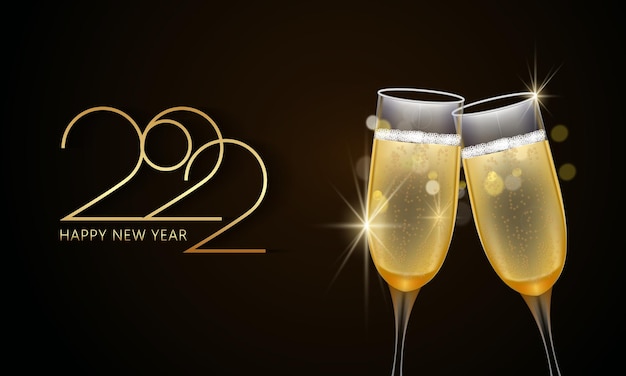 Feliz ano novo 2022. Taças de champanhe e letras elegantes douradas. Vetor