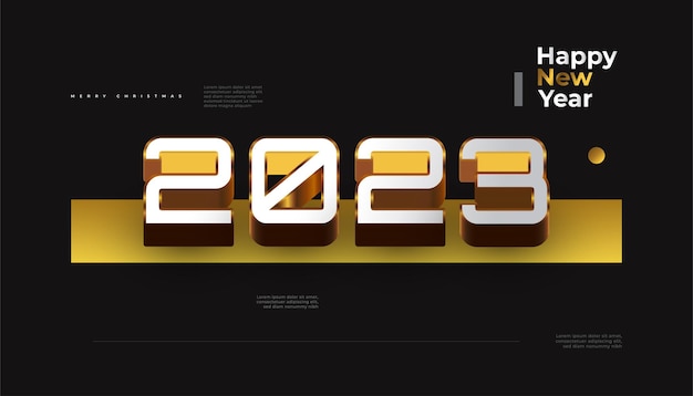 Feliz ano novo 2023 banner com números 3d brancos e dourados isolados em fundo preto 2023 design de ano novo para banner poster ou cartão de saudação