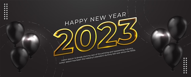 Vetor feliz ano novo 2023 com efeito de ouro de número editável em fundo escuro