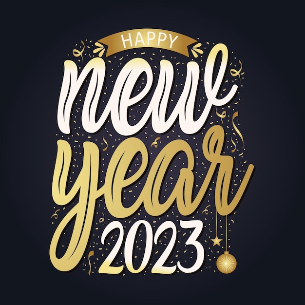 Feliz ano novo 2023 com festa. composição de letras com estrelas e brilhos. ilustração vetorial