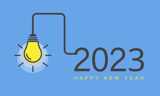 Vetor feliz ano novo 2023 com uma lâmpada em fundo azul ideia e conceitos de inspiração criativa