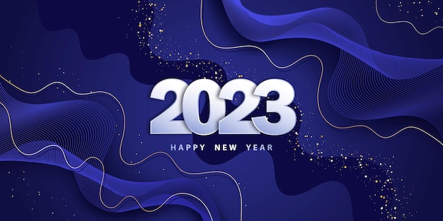 Vetor feliz ano novo 2023. fundo azul festivo com números 3d e glitter.