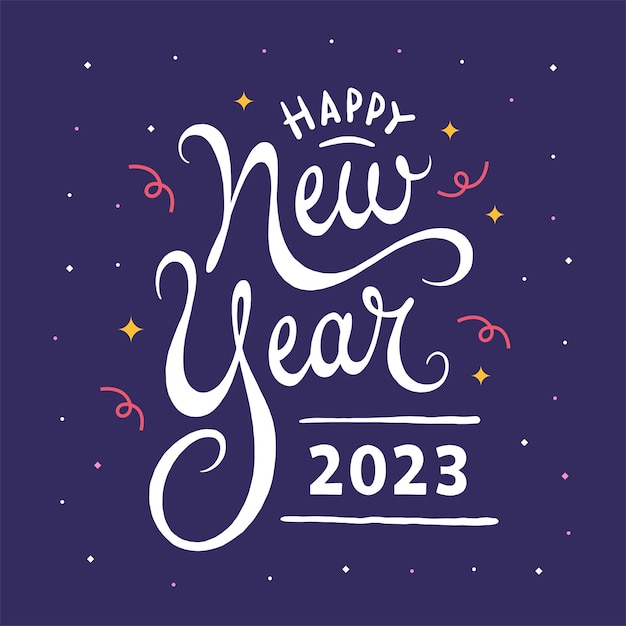 Feliz ano novo 2023 fundo de letras com decorações de confete