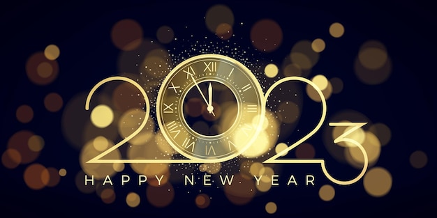 Feliz ano novo 2023 números de ouro e relógio com contagem regressiva de cinco minutos celebração à meia-noite borrão de luz no fundo do feriado ilustração vetorial