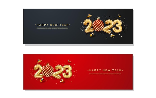Feliz ano novo 2023. números realistas de balão de ouro no fundo definido.