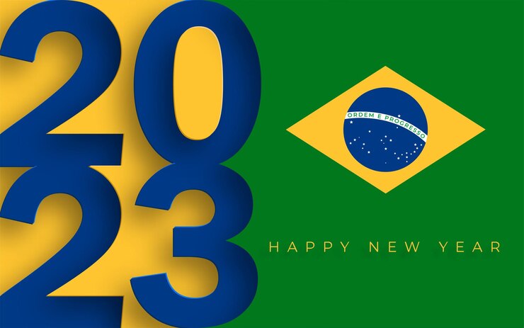 Vetor feliz ano novo 2023 padrão festivo com o conceito de bandeira do brasil na cor de fundo