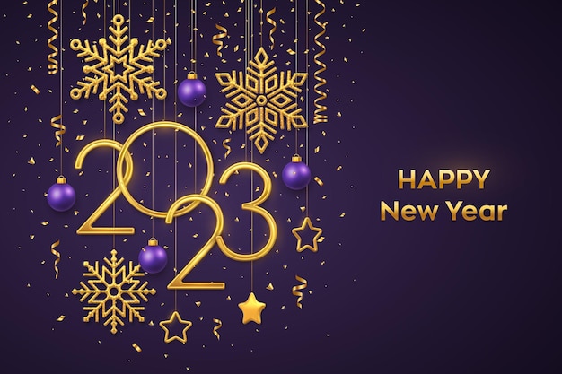 Vetor feliz ano novo 2023 pendurado números metálicos dourados 2023 com flocos de neve brilhantes 3d estrelas metálicas bolas e confetes em fundo roxo cartão de saudação de ano novo ou modelo de banner vetor