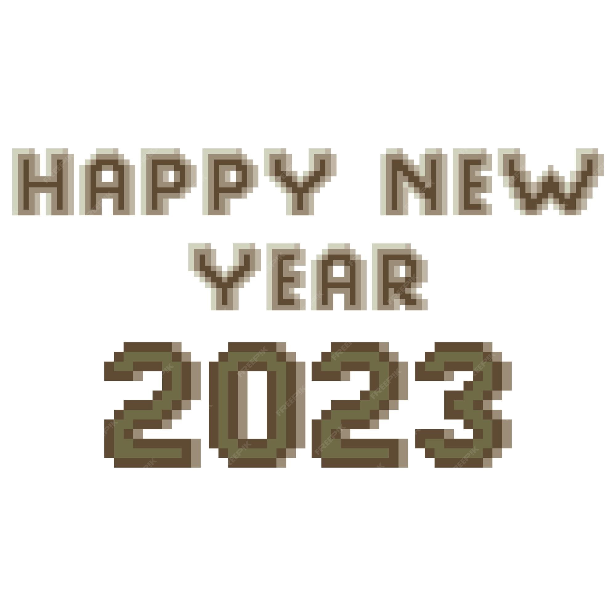 Fita preta de pixel art com feliz 2023, ícone de vetor de feliz ano novo  para jogo de 8 bits em fundo branco