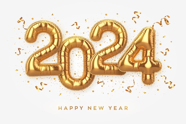 Feliz ano novo 2024 3d números de balões de hélio de folha de ouro 2024 e confete em fundo branco