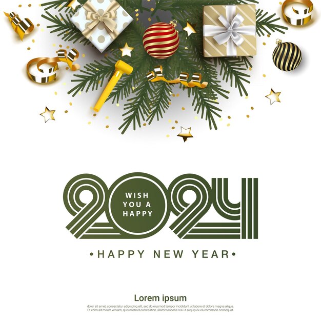 Vetor feliz ano novo 2024 decoração festiva realista celebre a festa de 2024 em fundo branco
