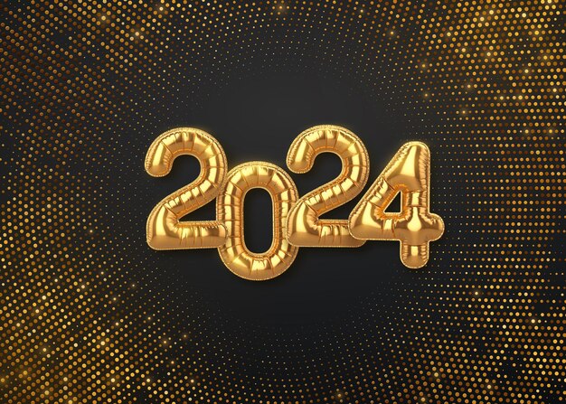 Vetor feliz ano novo 2024 números de balões de hélio de folha de ouro 2024 em fundo negro cintilante