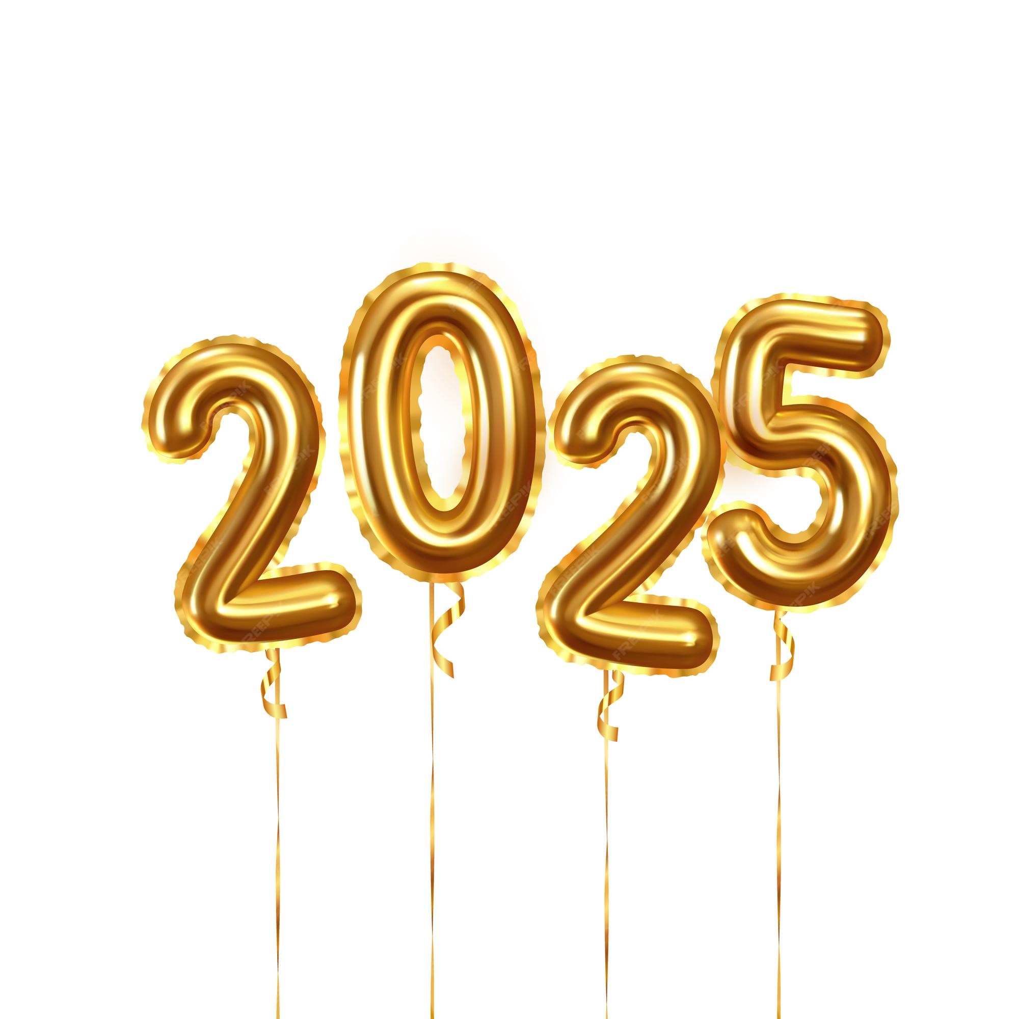 Feliz Ano Novo 2025. Balões dourados realistas de fundo. Elementos decorativos de design. Objeto