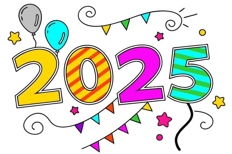 Vetor feliz ano novo 2025 desenho desenhado à mão colorido balões festivos e bandeiras