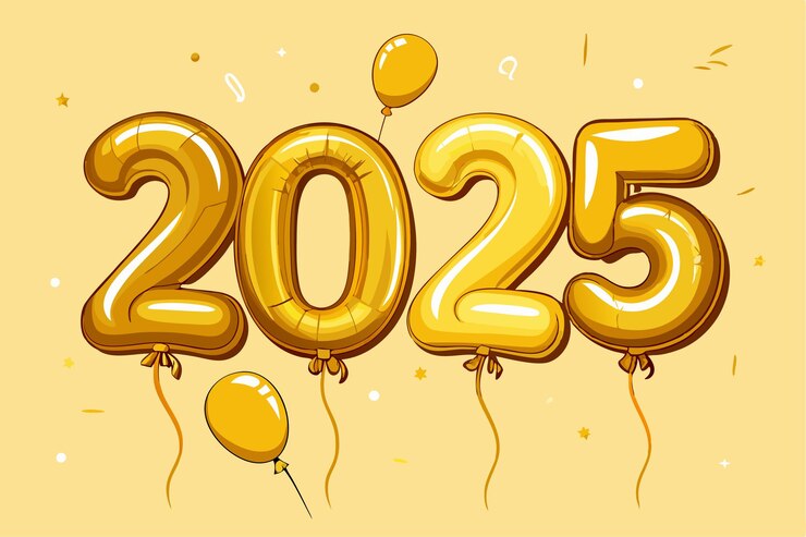 Vetor feliz ano novo 2025 em balões de papel de alumínio dourado e branco em forma de ilustração de arte vetorial