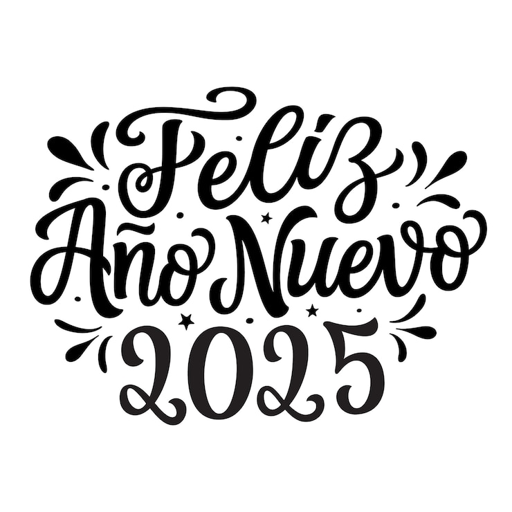 Vetor feliz ano novo 2025 em espanhol letras à mão
