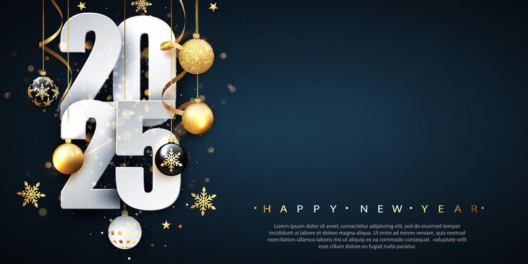 Feliz Ano Novo 2025 Texto elegante com bolas douradas e fundo de confete