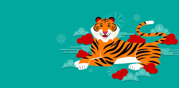 Feliz ano novo, ano novo chinês, 2022, ano do tigre, personagem de desenho animado, tigre real, design plano