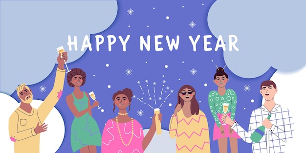 Vetor feliz ano novo banner pessoas celebrando feriados de inverno grupo de jovens felizes e alegres e mulheres desfrutando na festa ilustração vetorial plana