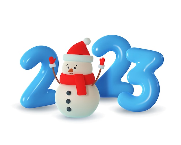 Feliz ano novo boneco de neve de natal com número azul 2023 feito de plástico renderização 3d realista vetor