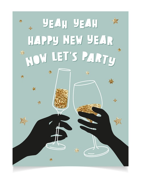 Vetor feliz ano novo cartão engraçado linha arte ilustração vetorial design. convite para festa