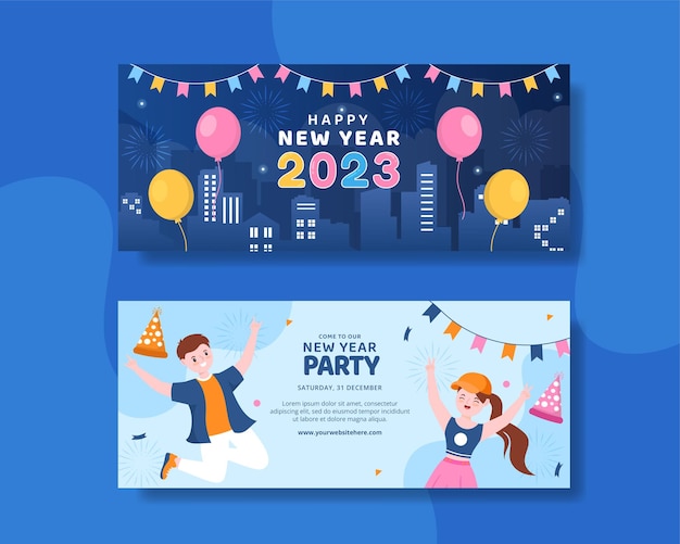 Feliz ano novo celebração banner horizontal ilustração de modelos desenhados à mão de desenho animado