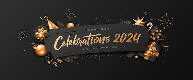 Feliz ano novo celebrações 2024 ornamentos ouro e preto cartão de saudação design de bandeira em preto