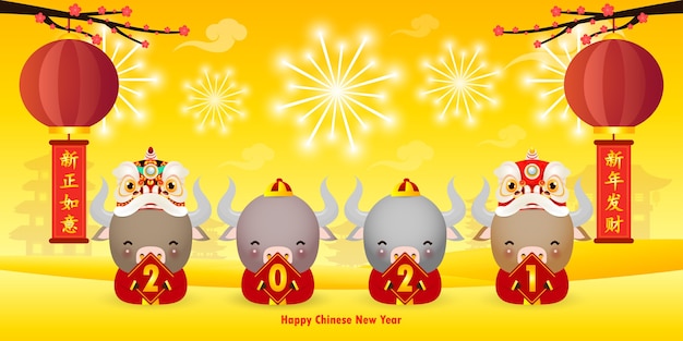 Feliz ano novo chinês 2021, quatro bois e leões segurando uma placa dourada, ano do zodíaco boi, vaca bonita calendário dos desenhos animados isolado, tradução feliz ano novo chinês