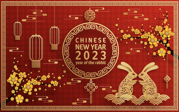 Feliz ano novo chinês 2023 ano do zodíaco coelho com fundo colorido