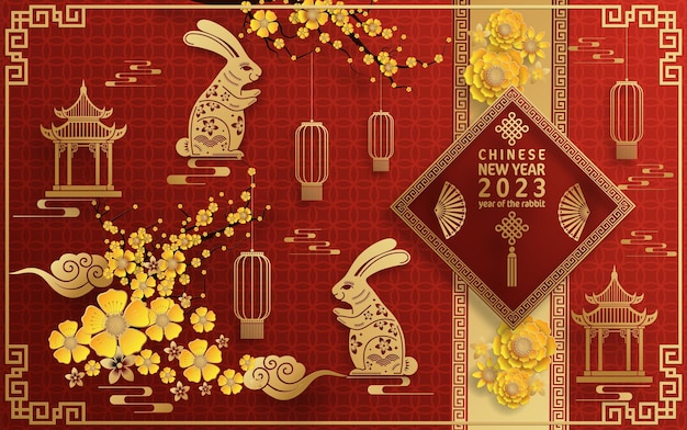 Feliz ano novo chinês 2023 ano do zodíaco coelho com fundo colorido