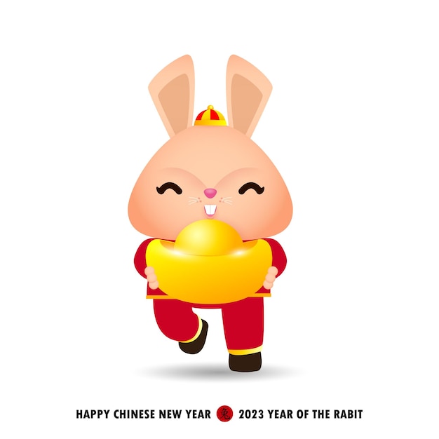 Feliz ano novo chinês 2023 cartão de saudação Coelhinho fofo segurando lingote de ouro chinês