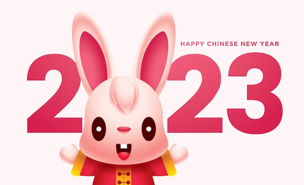 Feliz ano novo chinês 2023 grande sinal com personagem de desenho animado de coelho cumprimentando as mãos