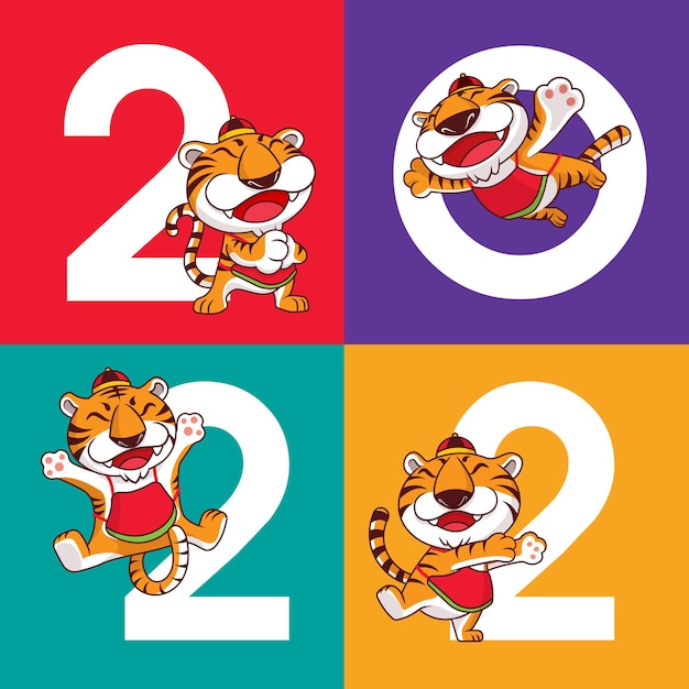 Feliz ano novo chinês com tigres bonitos de desenhos animados fazendo poses diferentes no plano de fundo de 2022