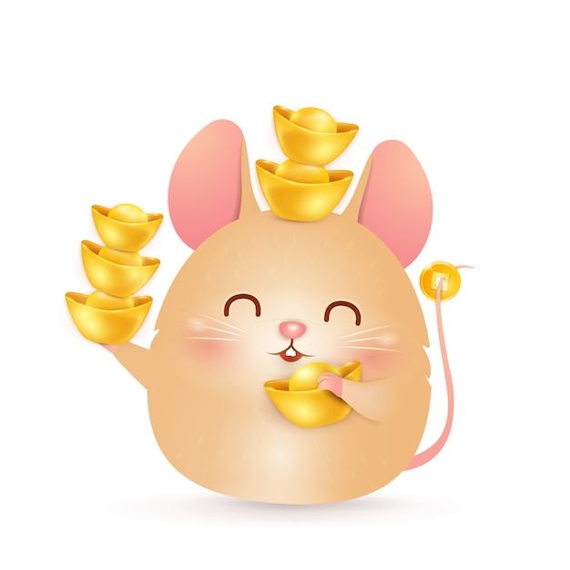 Feliz ano novo chinês. desenho de personagem de rato pequeno bonito e gordo dos desenhos animados, mantendo o lingote de ouro chinês grande isolado no fundo branco. o ano do rato. zodíaco do rato