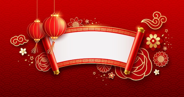 Feliz ano novo chinês design curvo de bandeira de fita de pergaminho chinês antigo em fundo vermelho