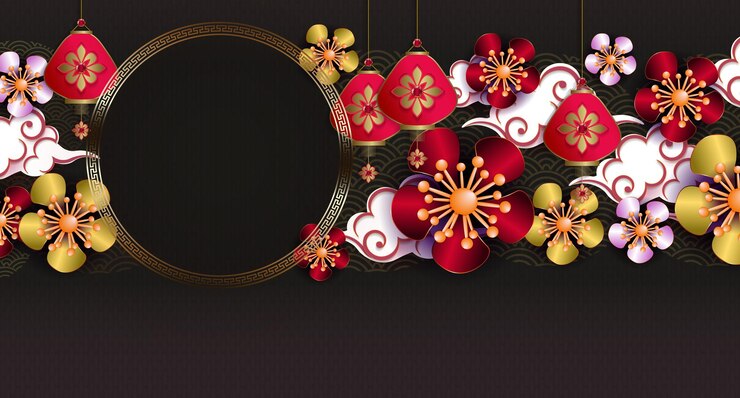 Vetor feliz ano novo chinês design escuro com moldura redonda dourada