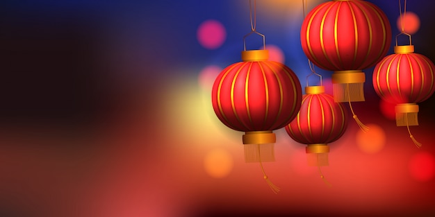 Feliz ano novo chinês dourado vermelho pendurado lanterna