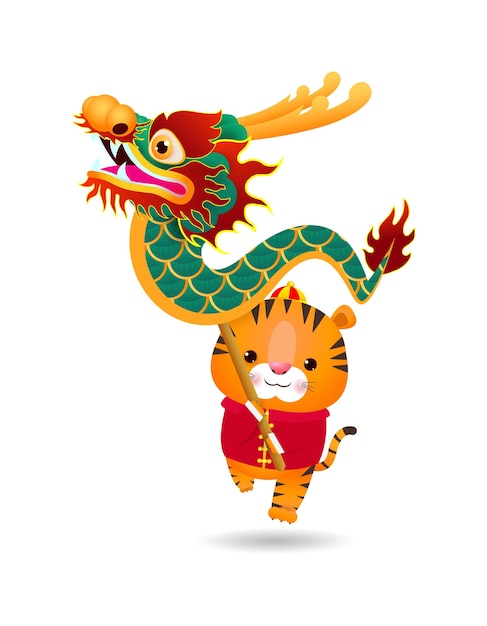 Feliz ano novo chinês, o ano do tigre, bonito pequeno tigre realiza dança do dragão, cartão de saudação zodíaco ilustração dos desenhos animados isolada no fundo branco