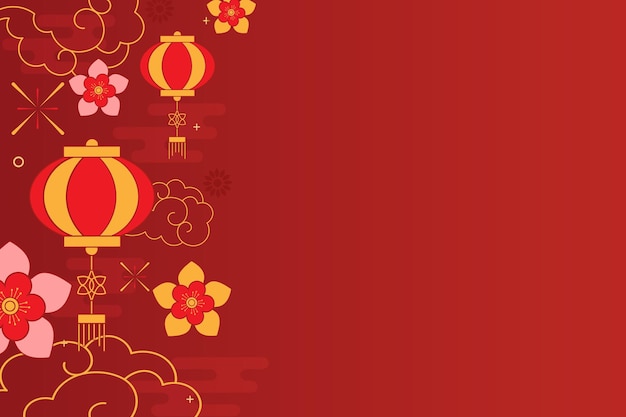 Feliz Ano Novo Chinês Vector Lanternas Vermelhas e Amarelas com Ornamentos Florais e Nuvens