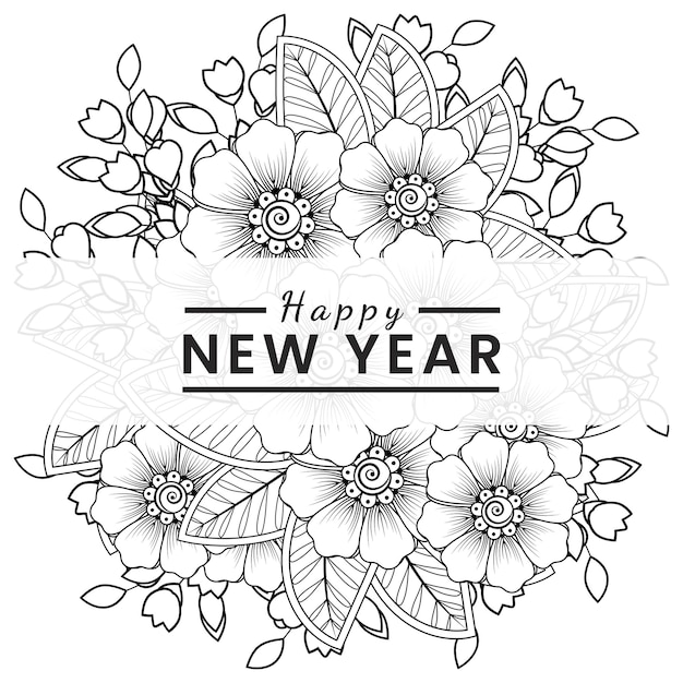 Feliz ano novo com mehndi flor doodle ornamento contorno mão desenhar página de livro para colorir