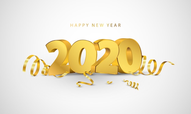 Feliz ano novo de 2020. Design de cartão com confetes de ouro.