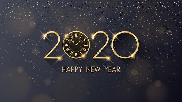 Feliz ano novo de 2020 dourado e relógio com glitter em fundo de cor preta