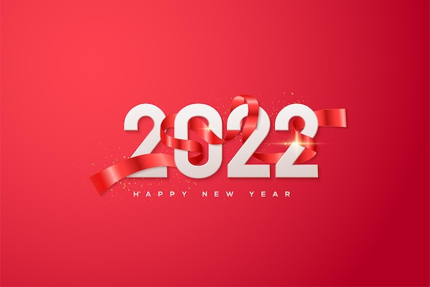 Feliz ano novo de 2022 com números brancos embrulhados em fita vermelha