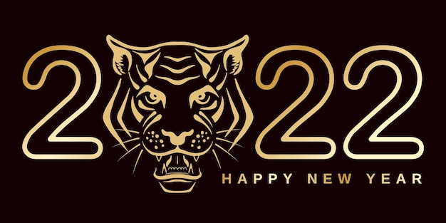 Vetor feliz ano novo de 2022. de acordo com o calendário chinês, o ano do tigre. predador focinho de cor ouro com o texto de felicitações. ilustração vetorial.