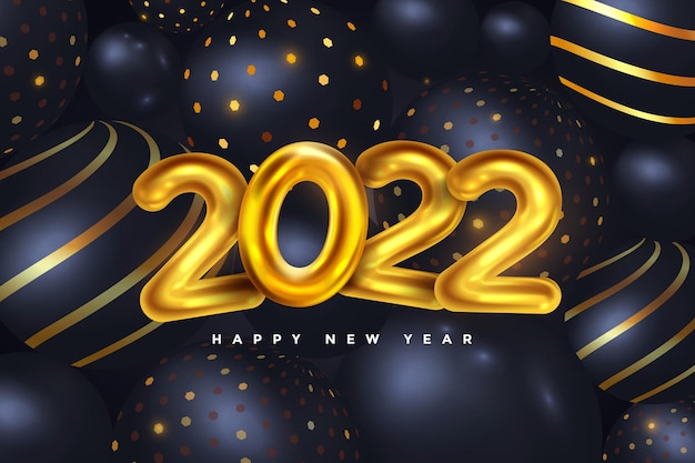 Feliz Ano Novo de 2022. Ilustração de férias de números metálicos dourados 2019 e bolas ou bolhas abstratas em fundo escuro. Cartaz festivo ou desenho de banner. Ilustração vetorial