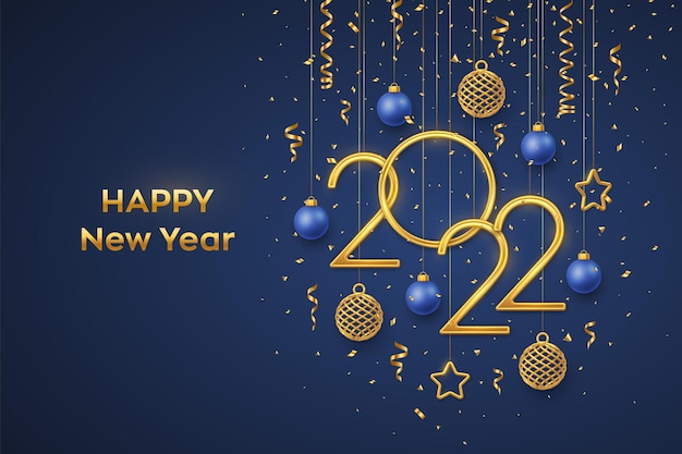 Feliz ano novo de 2022. números metálicos dourados de suspensão 2022 com estrelas metálicas 3d brilhantes, bolas e confetes sobre fundo azul. cartão de ano novo, modelo de banner. ilustração em vetor realista.