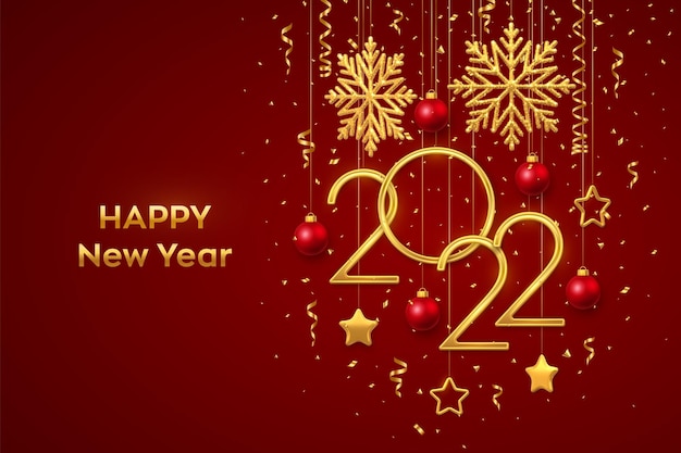 Feliz Ano Novo de 2022. Números metálicos dourados de suspensão 2022 com flocos de neve brilhantes, estrelas metálicas 3D, bolas e confetes sobre fundo vermelho. Cartão de ano novo ou modelo de banner. Vetor.